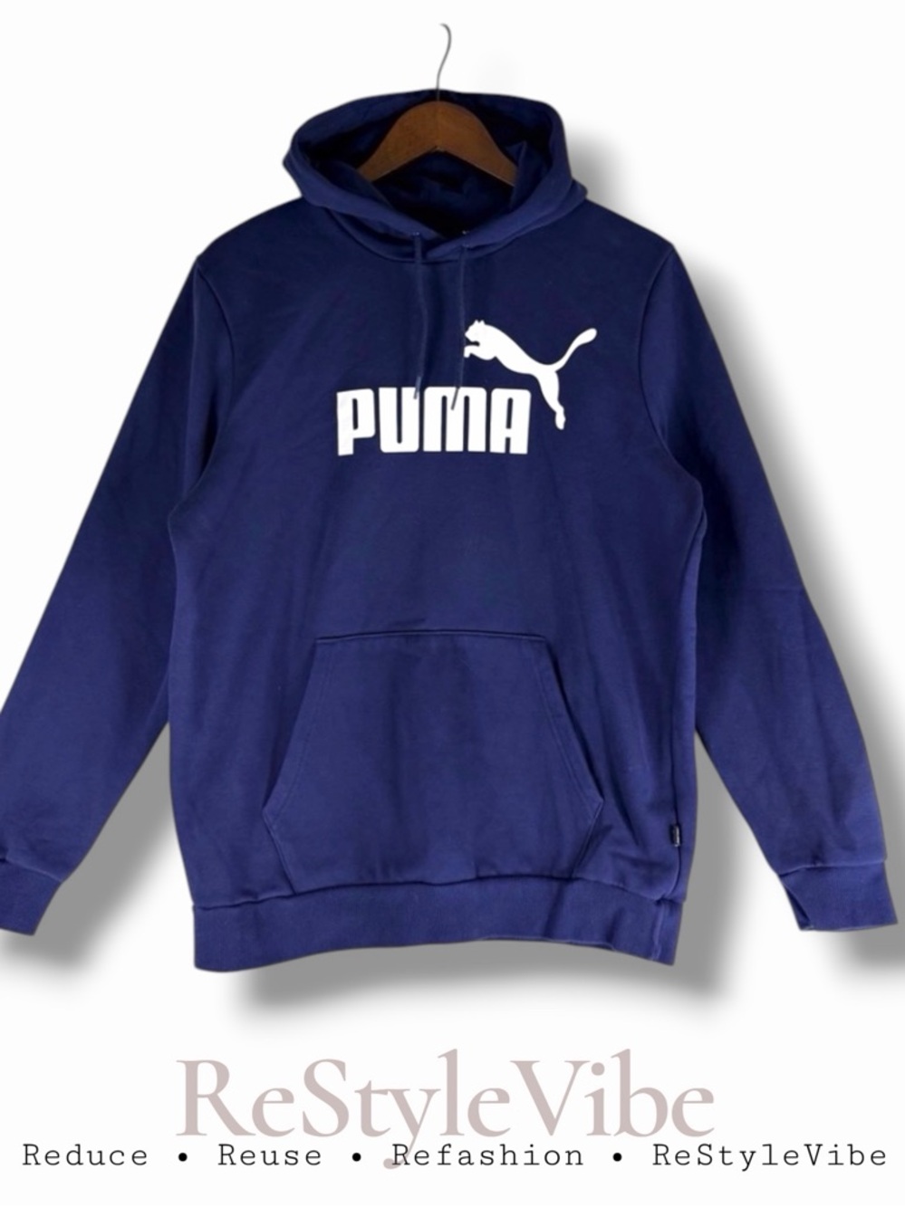 PUMA Men’s Size M Sweatshirt Hoodie Fleece Logo PumaCat Front Pocket Navy Blue